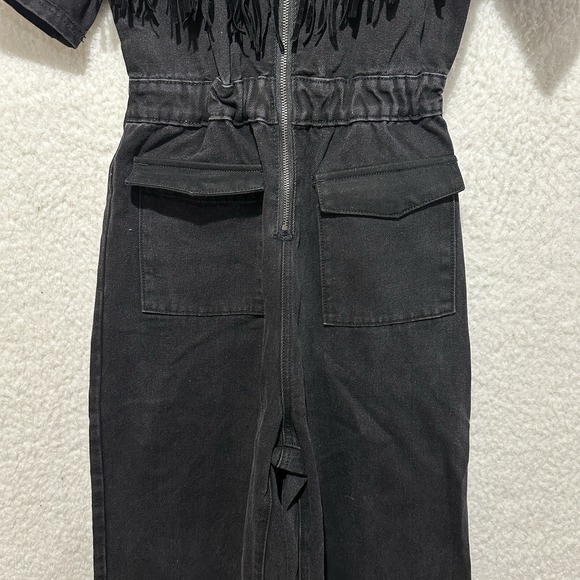 Nasty Gal Collection Black Denim Fringe Detailing Zip Up Front Jumpsuit Sz‎ US 4 - Picture 9 of 16